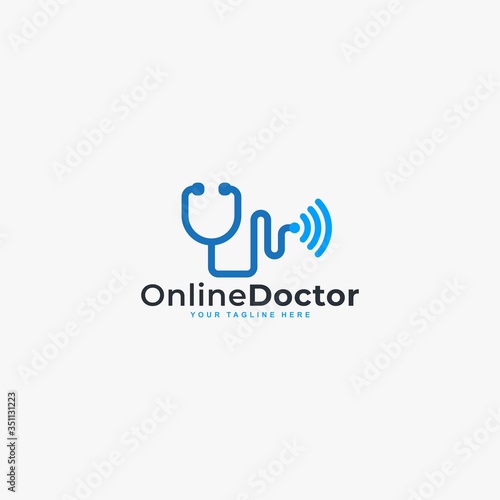 Doctor online virtual services logo design vector. Consultation to doctors via digital remote illustration symbol. Telemedicine service vector logo. Stethoscope and signal vector icons.
