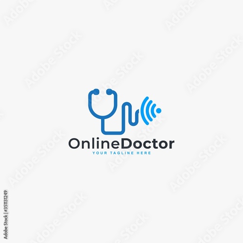 Doctor online virtual services logo design vector. Consultation to doctors via digital remote illustration symbol. Telemedicine service vector logo. Stethoscope and signal vector icons.