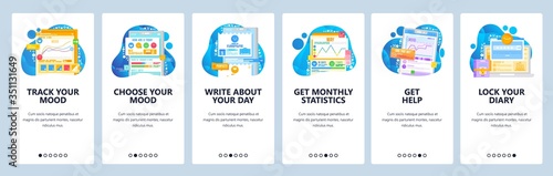 Mood tracker website and mobile app onboarding screens vector template