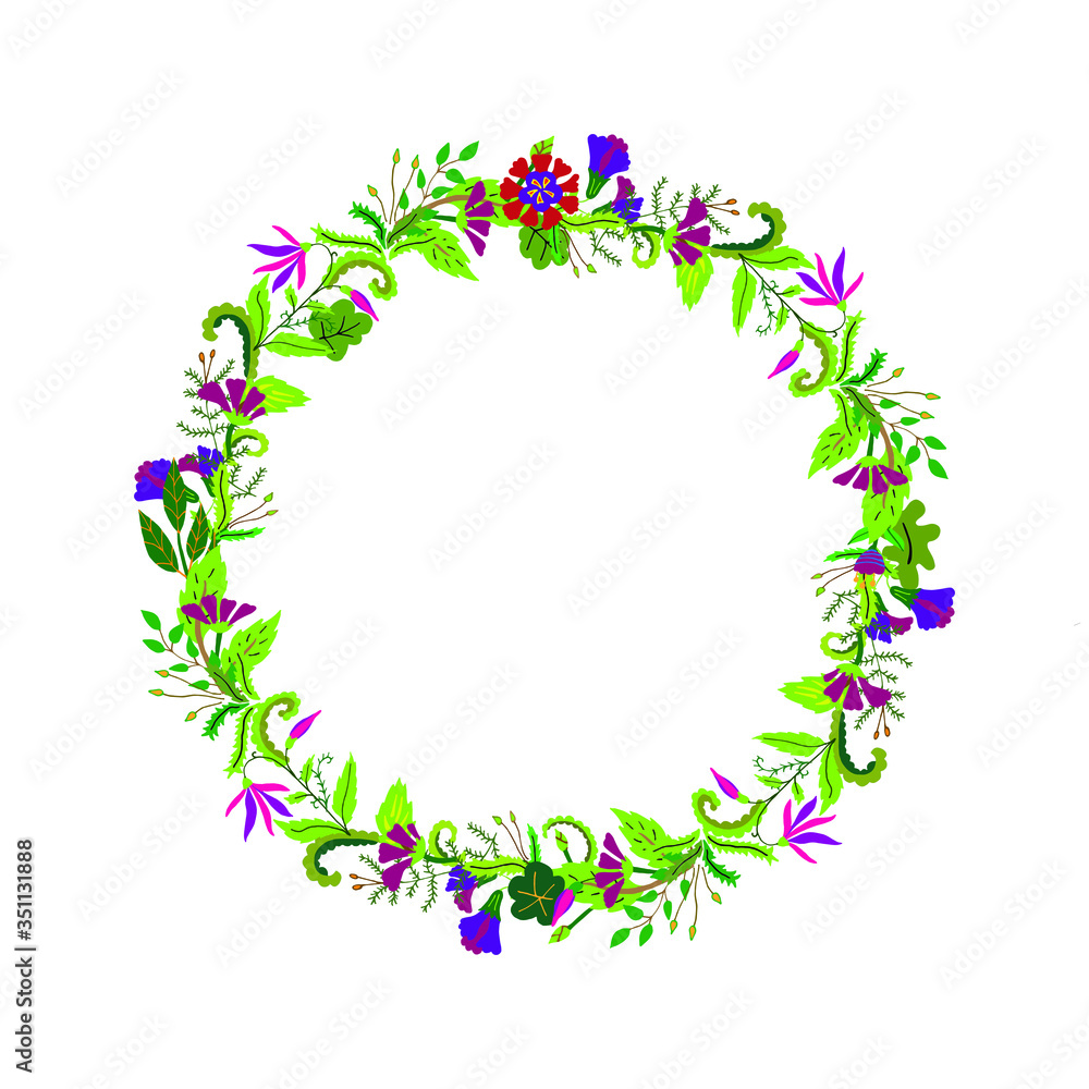 Vector illustration of a round wreath of forest herbs, flowers, mosses, lichens, twigs, leaves. Botanical design on a white background of isolated elements. Wild plants are drawn by hand.