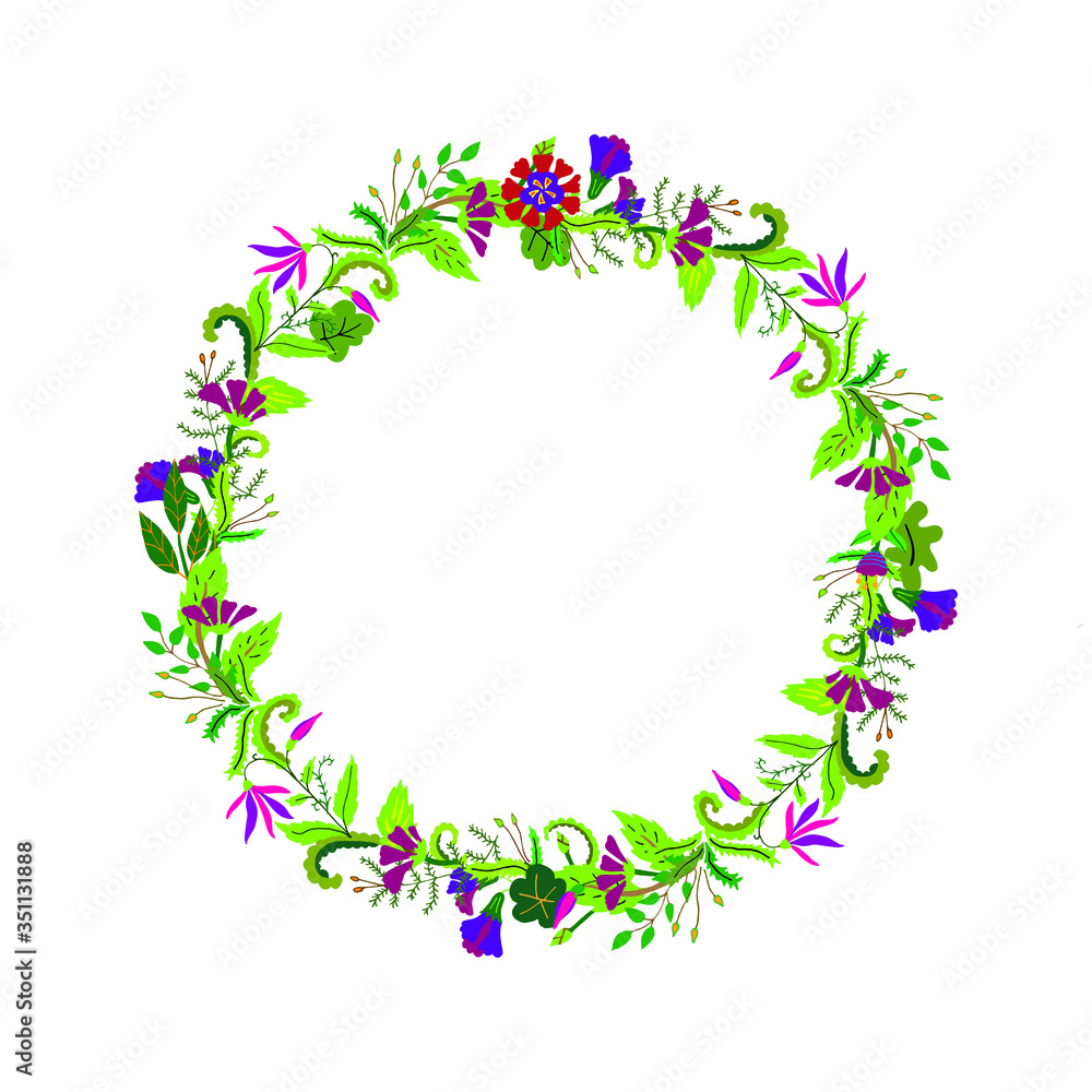 Vector illustration of a round wreath of forest herbs, flowers, mosses, lichens, twigs, leaves. Botanical design on a white background of isolated elements. Wild plants are drawn by hand. Vector illustration of a round wreath of forest herbs, flowers, mosses, lichens, twigs, leaves. Botanical design on a white background of isolated elements. Wild plants are drawn by hand.