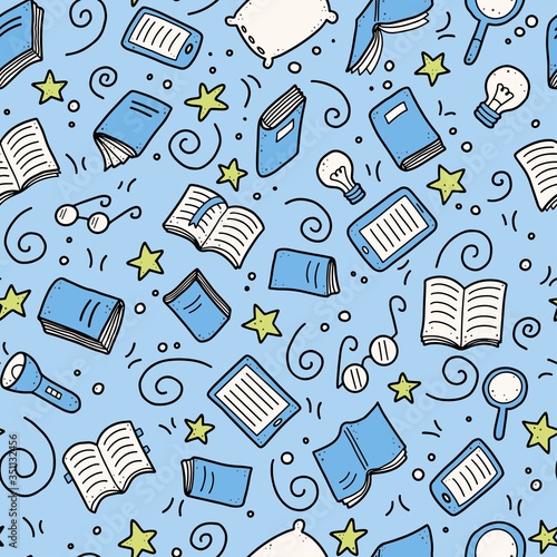 Hand drawn seamless pattern of book doodle elements, education symbols. Vector illustration for book store, reading club, learning, library wallpaper, texture concept design. Doodle sketch style.