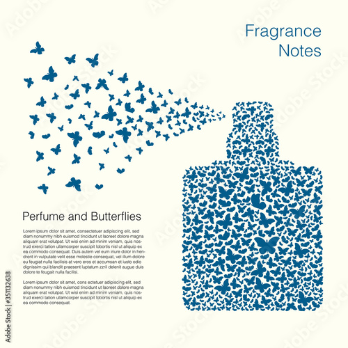 Perfume bottle of many butterflies. Spray from a perfume bottle in the form of a cloud of butterflies. Concept for perfume shop