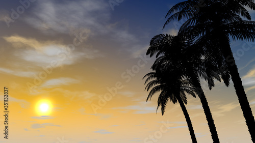 Dusk sky. Palm tree. Resort area. 3D illustration