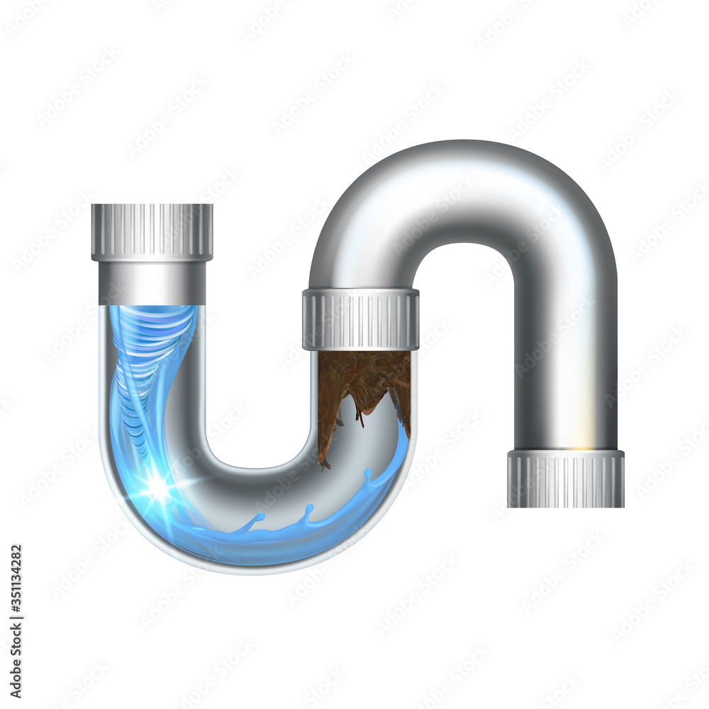 Clogged In Water Bathroom Pipe And Cleaning Vector. Clean Clogged Piping Drain Plumber, Plumbing Canalization, Clog in Siphon. Repair Sanitary Cleaner Template Realistic 3d Illustration Clogged In Water Bathroom Pipe And Cleaning Vector. Clean Clogged Piping Drain Plumber, Plumbing Canalization, Clog in Siphon. Repair Sanitary Cleaner Template Realistic 3d Illustration