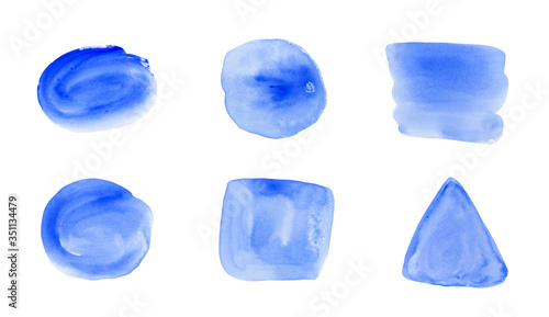 Set of different watercolor shapes, splashes in bright blue color. Unique texture, template for design, substrate for text. Isolated.