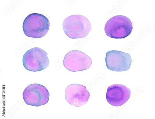 Set of different round watercolor shapes, splashes. Unique texture, template for design, substrate for text. Isolated.