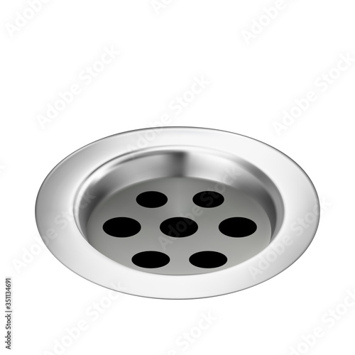 Bath Drain Metallic Detail For Water Flow Vector. Kitchen Sewer Or Bathroom Stainless Plumbing Sink Drain Hole. Standard Round Chrome Basin Drainage Template Realistic 3d Illustration
