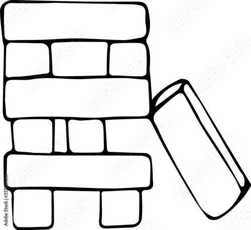 Vector illustration of the game jenga in the style of Doodle. Concept of family games, family pastime, games with friends at home. Black outline on a white background.