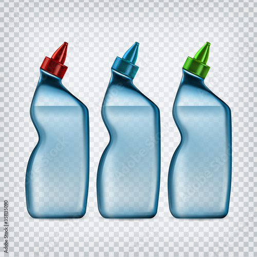 Drain Pipe Cleaner Detergent Bottle Set Vector. Collection Of Transparency Blank Package With Multicolor Cap For Clean Basin Siphon, Sink Drain And Clogged Tube. Template Realistic 3d Illustrations