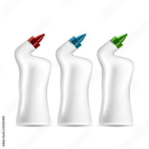 Drain Pipe Or Sanitary Cleaner Bottle Set Vector. Collection Of Blank Container With Multicolor Cap And Chemical Liquid For Disinfect And Clean Toilet, Sink Or Bath. Layout Realistic 3d Illustrations