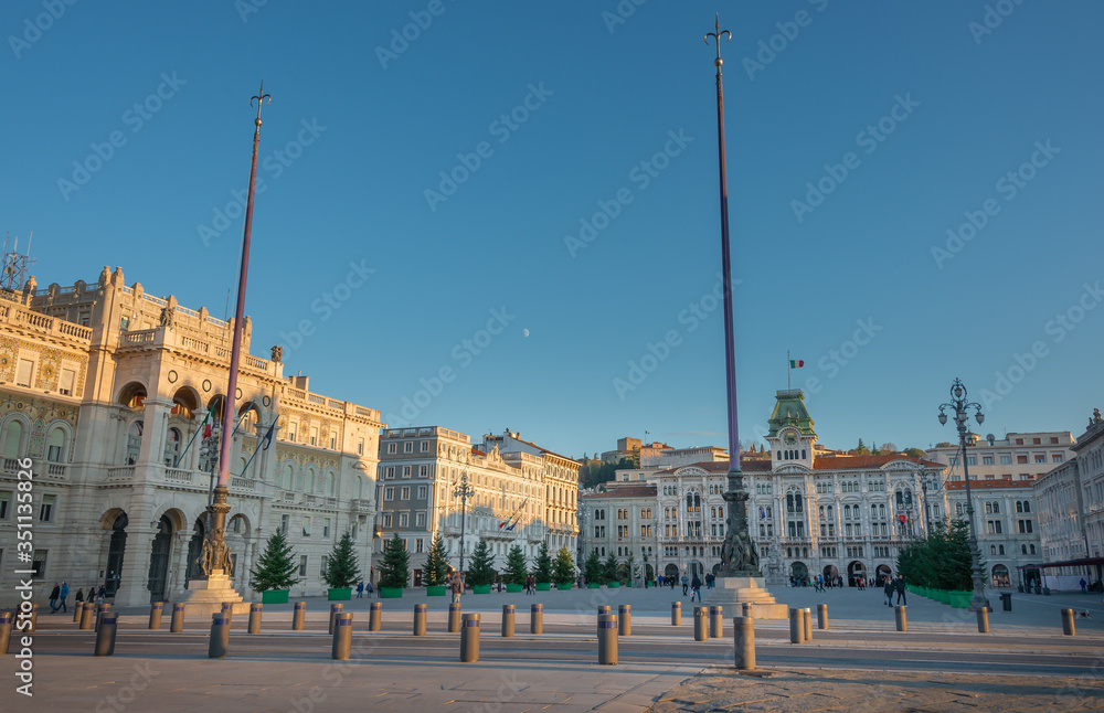 Fototapeta premium The piazza Unita at Trieste city, Italy at sunset. The square is also close to Trieste seaport and Miramare bay.
