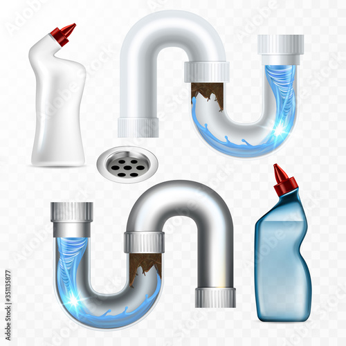 Clogged Pipe, Drain And Cleanser Bottle Set Vector. Collection Of Blank Container With Sanitary Chemical Liquid And Clogged Canalization Tube With Water Splash. Template Realistic 3d Illustrations