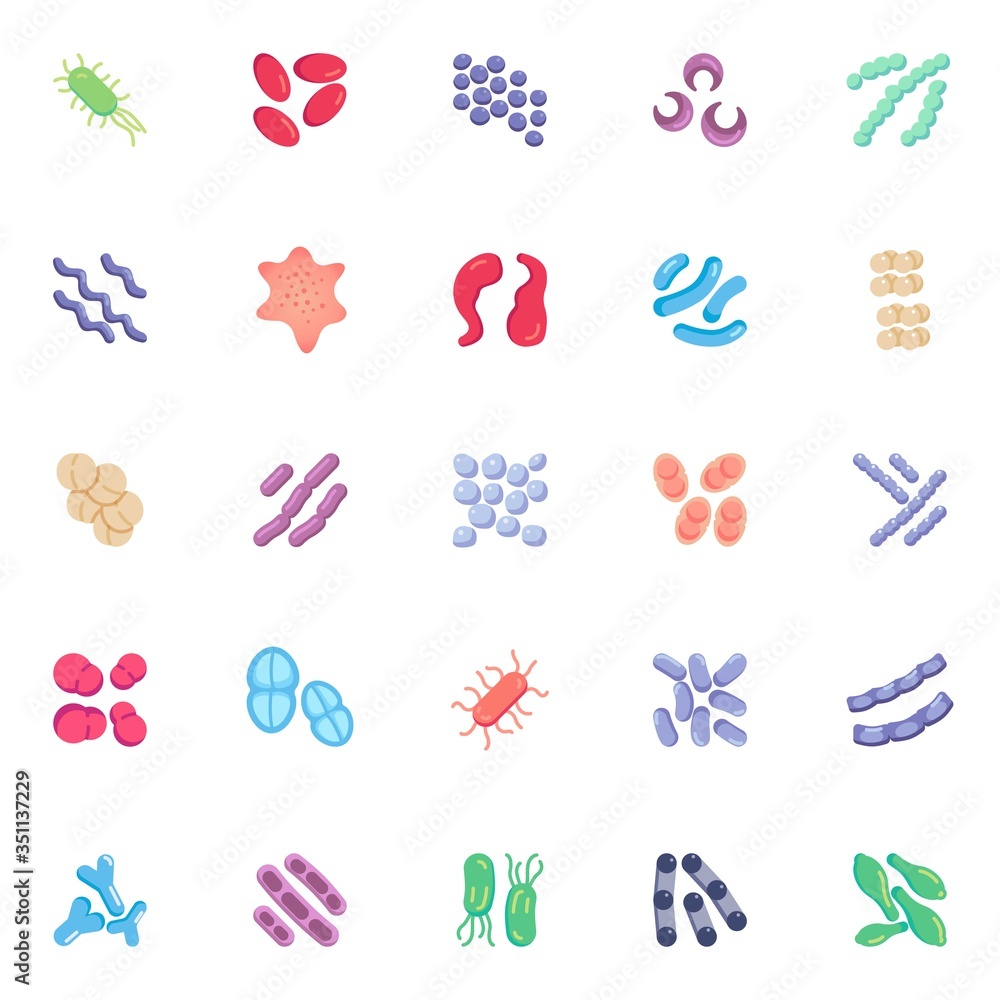 Virus and Bacteria elements collection, flat icons set, Colorful symbols pack contains - staphylococcus aureus infection, lactococcus, pneumococcus enterococcus. Vector illustration. Flat style design