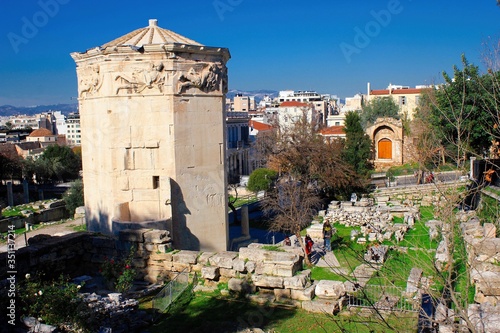 The Tower of the Winds or the Horologion of Andronikos Kyrrhestes ancient clocktower in the Roman Agora in Athens, Greece, February 4 2020. photo