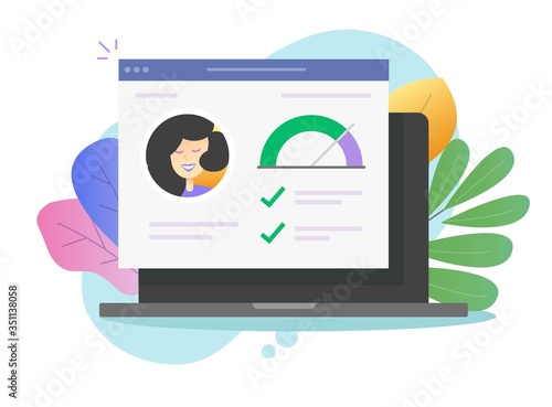Personal skills info history and good data assessment on laptop computer vector or online pc credit score rating web report financial check research website flat, finance loan rank analysis inspection