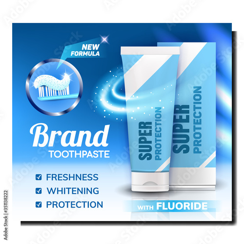 Tooth Paste Blank Package Promo Poster Vector. Toothpaste Tube And Box, Tooth Brush With Gel On Creative Marketing Flyer Banner. Dental Care And Protect Colorful Concept Layout Illustration