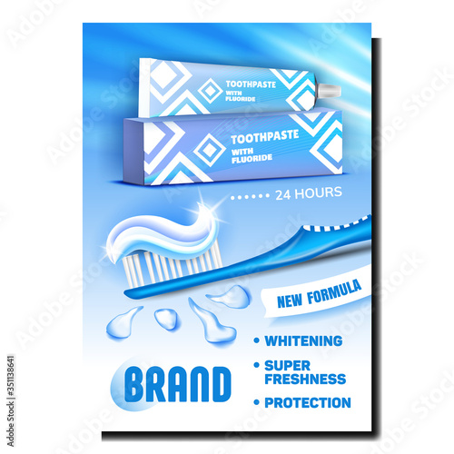 Toothpaste Oral Hygienic Product Banner Vector. Toothpaste Blank Stylish Tube And Pack, Tooth Protect Paste On Brush And Water Drop On Creative Promotional Poster. Colored Concept Layout Illustration