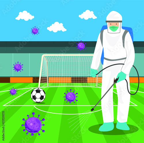 Vector illustration of a coronary injection (Covid-19) personnel sterilizing spray in Football field.
