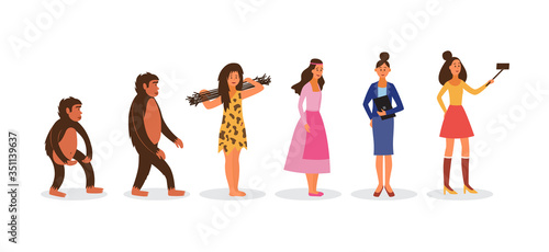 Human evolution from prehistoric to modern woman vector illustration isolated.