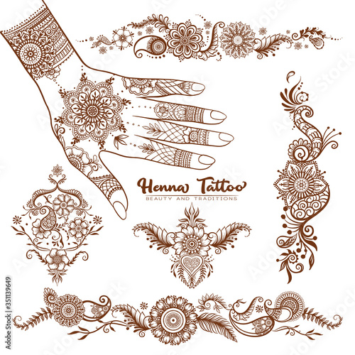 Female hand and set of traditional indian henna tattoo elements. Vector illustration.