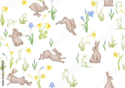 Seamless pattern  ackground with spring flowers and rabbits  hares. Colored vector illustration. Isolated on white background.