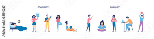 Bad and good habits banner with people flat vector illustration isolated.