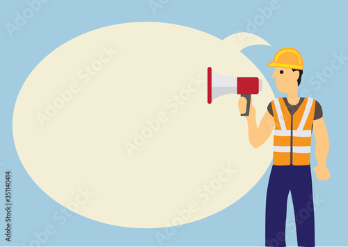 Construction worker with a megaphone and a giant speech bubble against a blue background. Concept of announcement or reporting.
