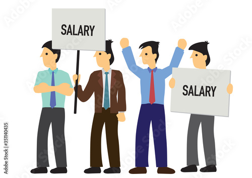 Group of demonstrators with Salary boards. Concept of anger or revolution. Flat isolated vector illustration