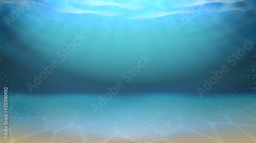 Underwater Sea Sandy Bottom And Bubbles Vector. Diving Underwater Seascape. Purity Undersea Water, Aquatic Waterscape Abyss With Sand And Sunshine Light Layout Realistic 3d Illustration