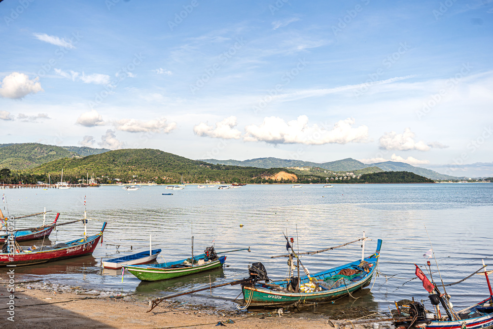 Fishing boats on the shore at low tide . Thailand