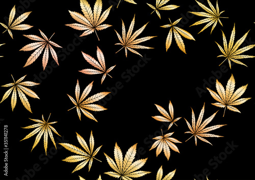 Cannabis leaves seamless pattern, background. Vector illustration in gold colors Isolated on black background.