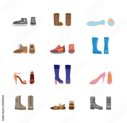 Set of womens casual boots and shoes icons, flat vector illustration isolated.