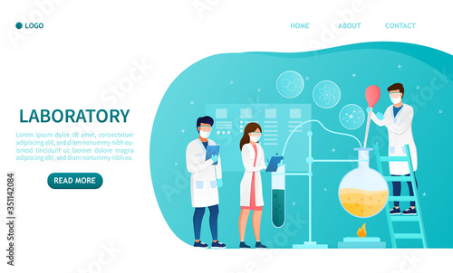 Group of scientists doing experiments in modern laboratory concept. Medical Research tests new drugs. Laboratory interior Microbiology and pharmacology Suitable for web design Flat Vector Illustration