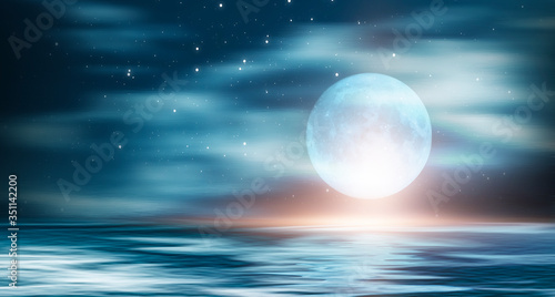 Background of night sea landscape. Night sky, clouds, full moon. Reflection of the moon on the water. Sunset on the sea horizon. Blue tinted. Night futuristic and mystical landscape.