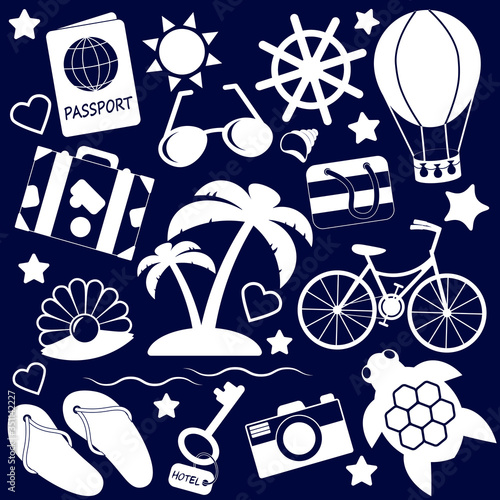 icons of white color travel, resort, diving and recreation isolated on a dark background