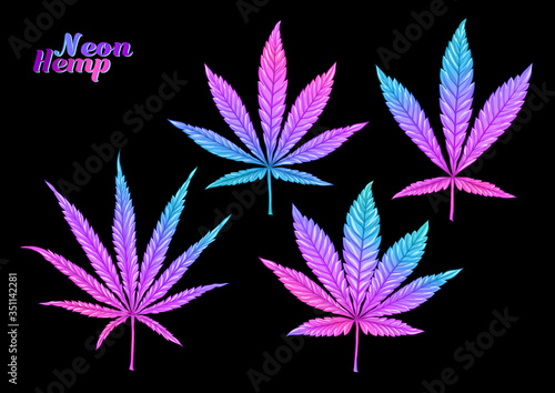 4 grades of cannabis leaf set sativa, indica, hybrid, ruderalis. Clip art, set of elements for design. Vector illustration in neon colors.