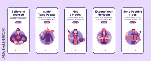 Psychological advices onboarding mobile app screen flat vector template. Personal development. Walkthrough website steps with characters. UX, UI, GUI smartphone cartoon interface, case prints set