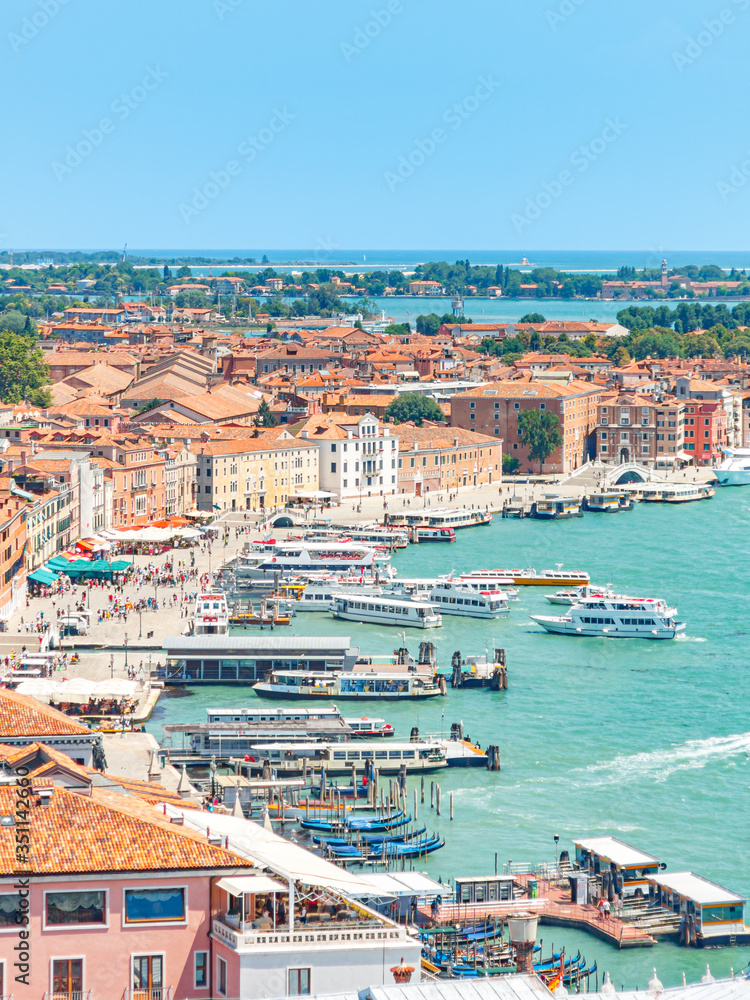 Embankment of the Venetian Riviera, view from the bell tower (campanile) of St. Mark on a sunny day in Venice, Italy
