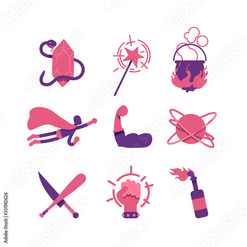 Fantasy and comic flat color vector objects set. Wand and cauldron witch symbols. Superhero in cape. Snake and diamond, weapon 2D isolated cartoon illustrations on white background