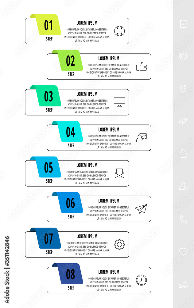 Vector infographics design template with label. Eight steps. Modern line concept can be used for diagram, business, web, banner, workflow layout, presentations, timeline, content, levels