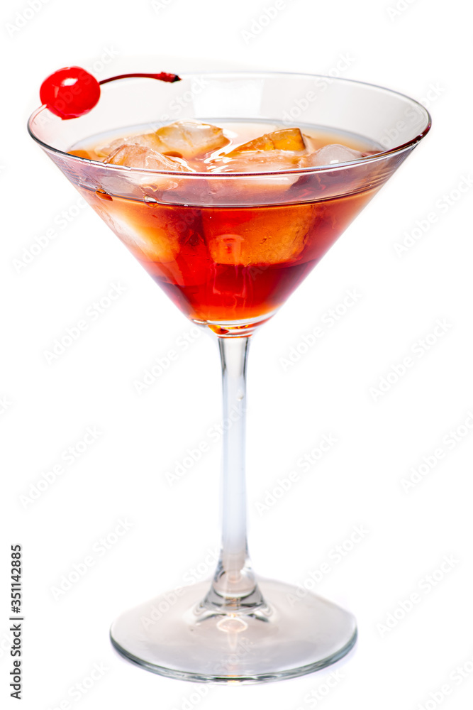 manhattan cocktail in martini glass on white background