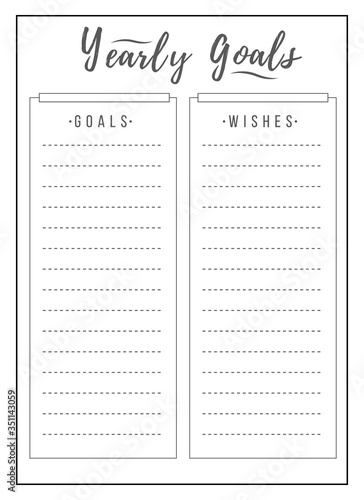 Yearly schedule minimalist planner page design. List grid to plan annual task. Make note. New year resolutions bullet journal printable sheet. Personal organizer. Notebook vector template