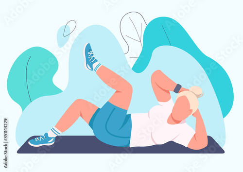 Woman training abs flat color vector faceless character. Female fitness instructor doing crunches isolated cartoon illustration for web graphic design and animation. Domestic abdominal press exercise