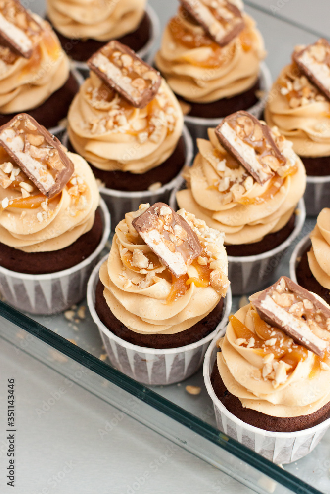 Cupcakes with peanut butter cream cheese frosting, chocolate bites, salted caramel and chopped nuts. Plain background Cupcakes with peanut butter cream cheese frosting, chocolate bites, salted caramel and chopped nuts. Plain background