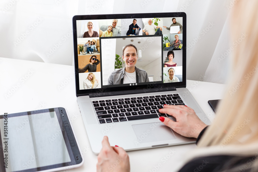 Many portraits faces of diverse young and aged people webcam view, while engaged in videoconference on-line meeting. Group video call application easy usage concept Many portraits faces of diverse young and aged people webcam view, while engaged in videoconference on-line meeting. Group video call application easy usage concept