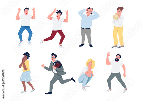 People in panic flat color vector detailed characters set. Men and women with panic attack isolated cartoon illustrations on white background. Mass hysteria, stressful situation. Social anxiety, fear