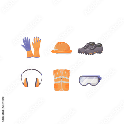 Industrial protective equipment flat color vector objects set. Factory accidents prevention. Body protection. Workwear, shoes and accessories 2D isolated cartoon illustrations on white background