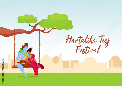 Hartalika teej festival poster flat vector template. Pray for blessing. Shiva and Parvati. Brochure, booklet one page concept design with cartoon characters. Teej festival flyer, leaflet photo