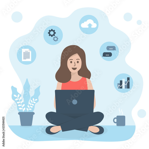 Cute freelance woman working with laptop at home office, connecting online network, surrounding with business icons. Remote working, self employed and business concept. Flat vector illustration.